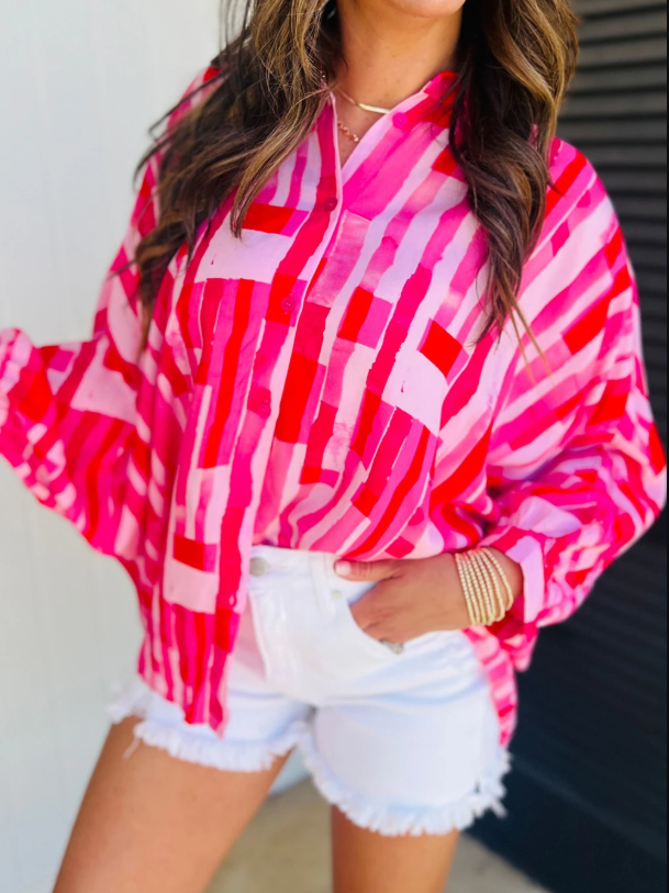 Pink Abstract Batwing Sleeve Shirt