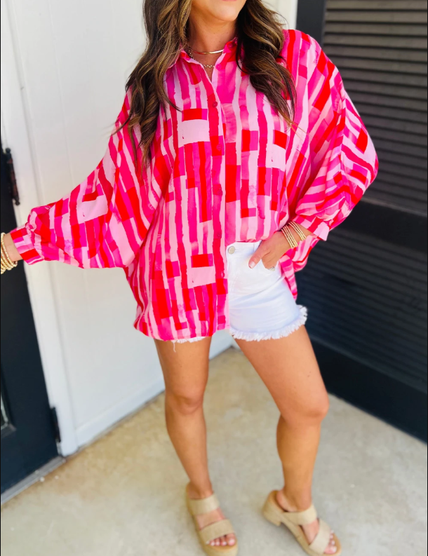 Pink Abstract Batwing Sleeve Shirt