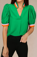 Bright Green V-Neck Blouse with Trim