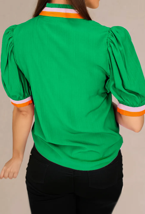 Bright Green V-Neck Blouse with Trim