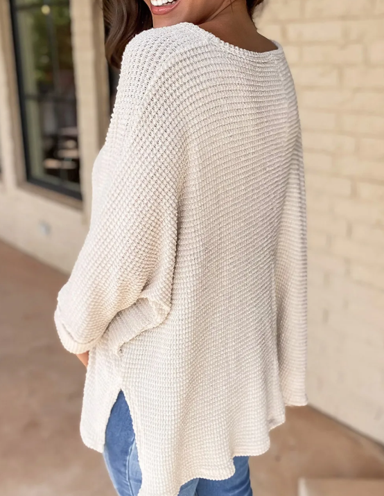 Waffle Knit Side Slits Loose Fit V Neck Top