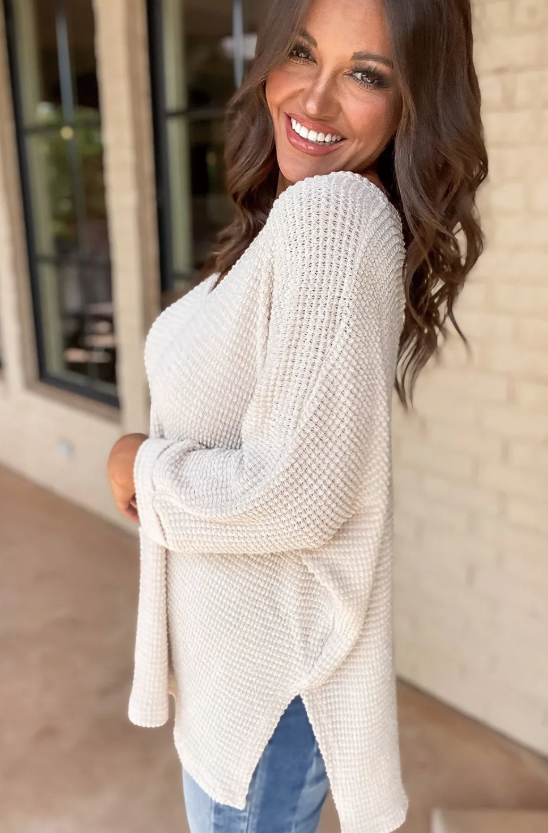 Waffle Knit Side Slits Loose Fit V Neck Top