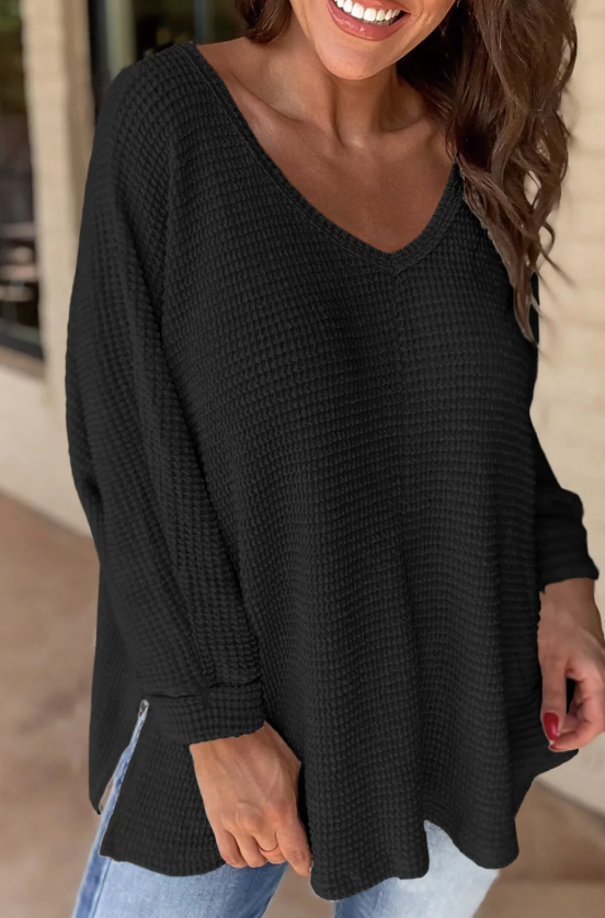 Waffle Knit Side Slits Loose Fit V Neck Top