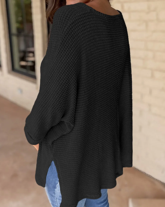 Waffle Knit Side Slits Loose Fit V Neck Top