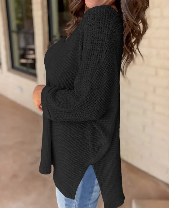 Waffle Knit Side Slits Loose Fit V Neck Top