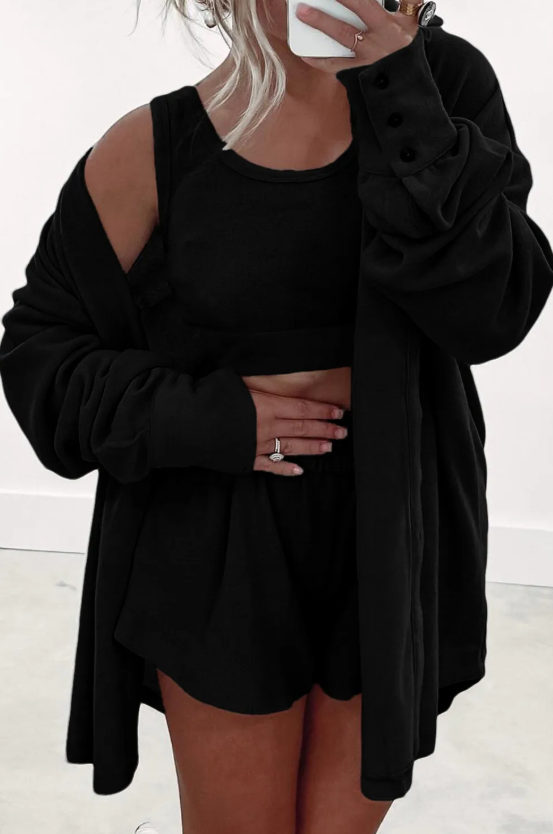 Black 3 Pcs Crop Tank Top Shorts with Cardigan Lounge Set