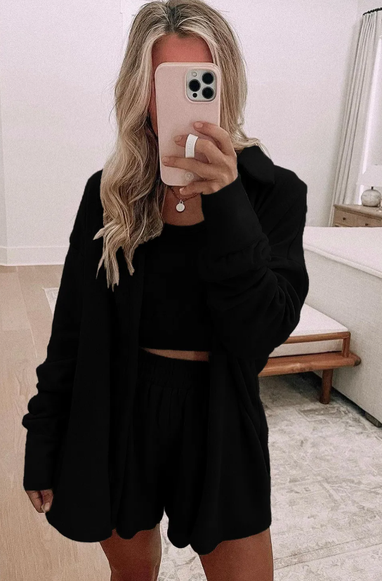 Black 3 Pcs Crop Tank Top Shorts with Cardigan Lounge Set