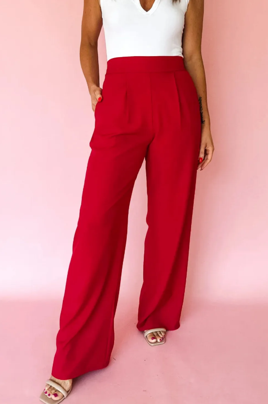 Red Pleated High-Waist Straight Pants