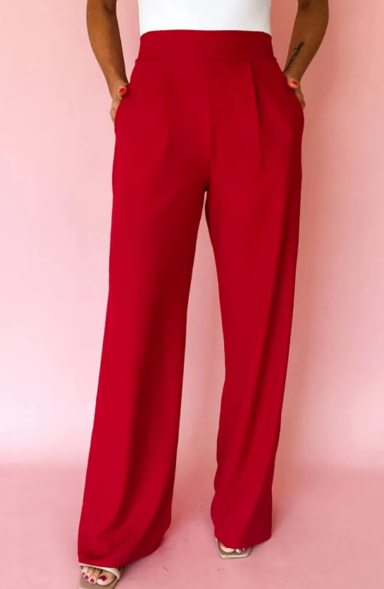 Red Pleated High-Waist Straight Pants