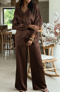 Dark Brown V-Neck Top & Drawstring Pants Set