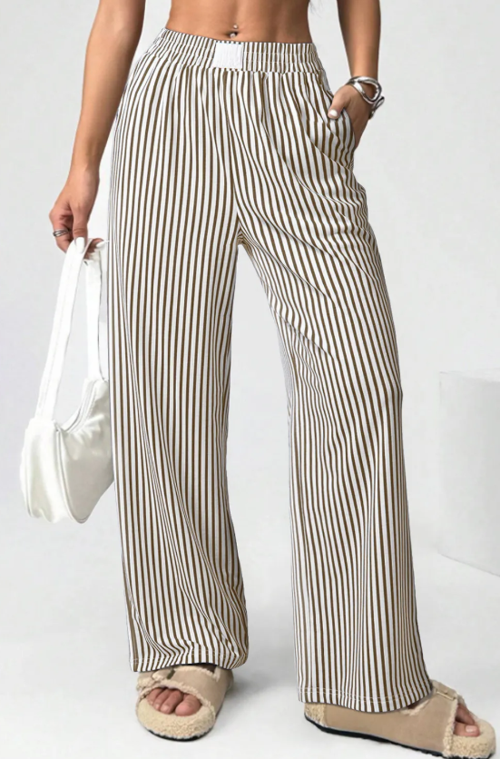 Brown Stripe High-Waist Loose Pants with Pockets