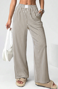 Brown Stripe High-Waist Loose Pants with Pockets