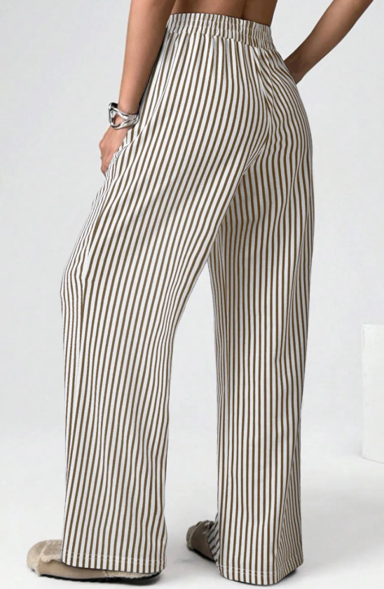Brown Stripe High-Waist Loose Pants with Pockets