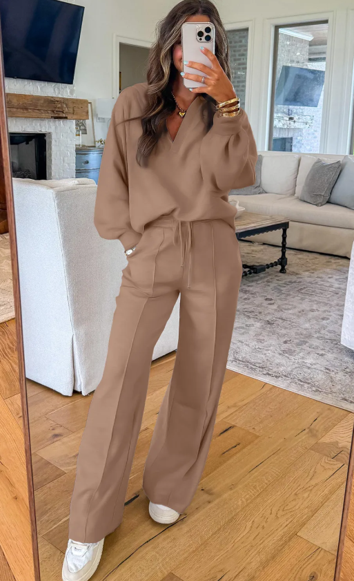 Dark Khaki V-Neck Pullover & Drawstring Sweatpants Set