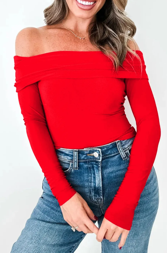 Red Off-Shoulder Slim Long Sleeve Top