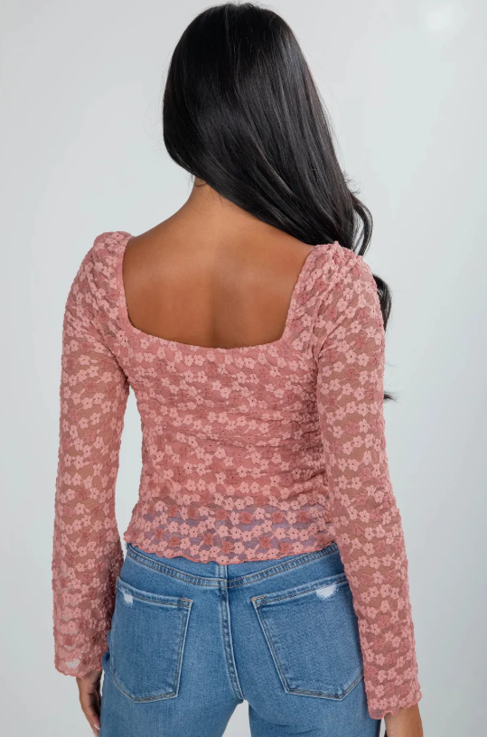 Peach Blossom Drawstring Knot Detail Floral Lace Blouse