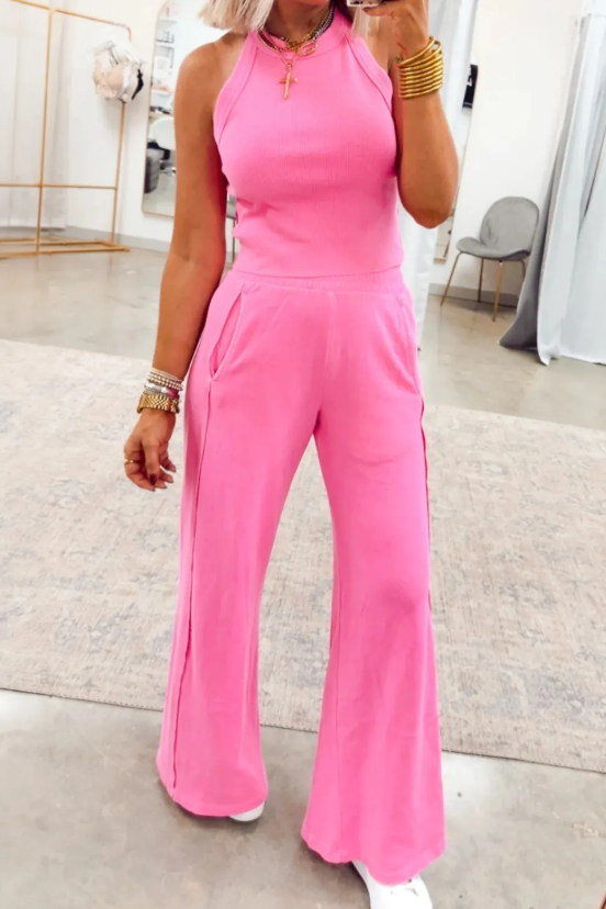 Sachet Pink Slim Ribbed Tank Top and Sweatpants Set