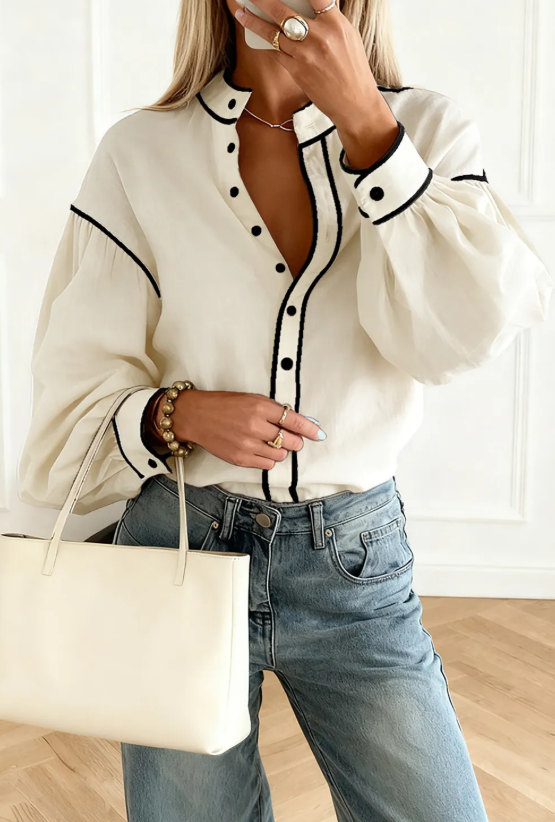 Beige Contrast Color Trim Button Down Long Puff Sleeve Shirt