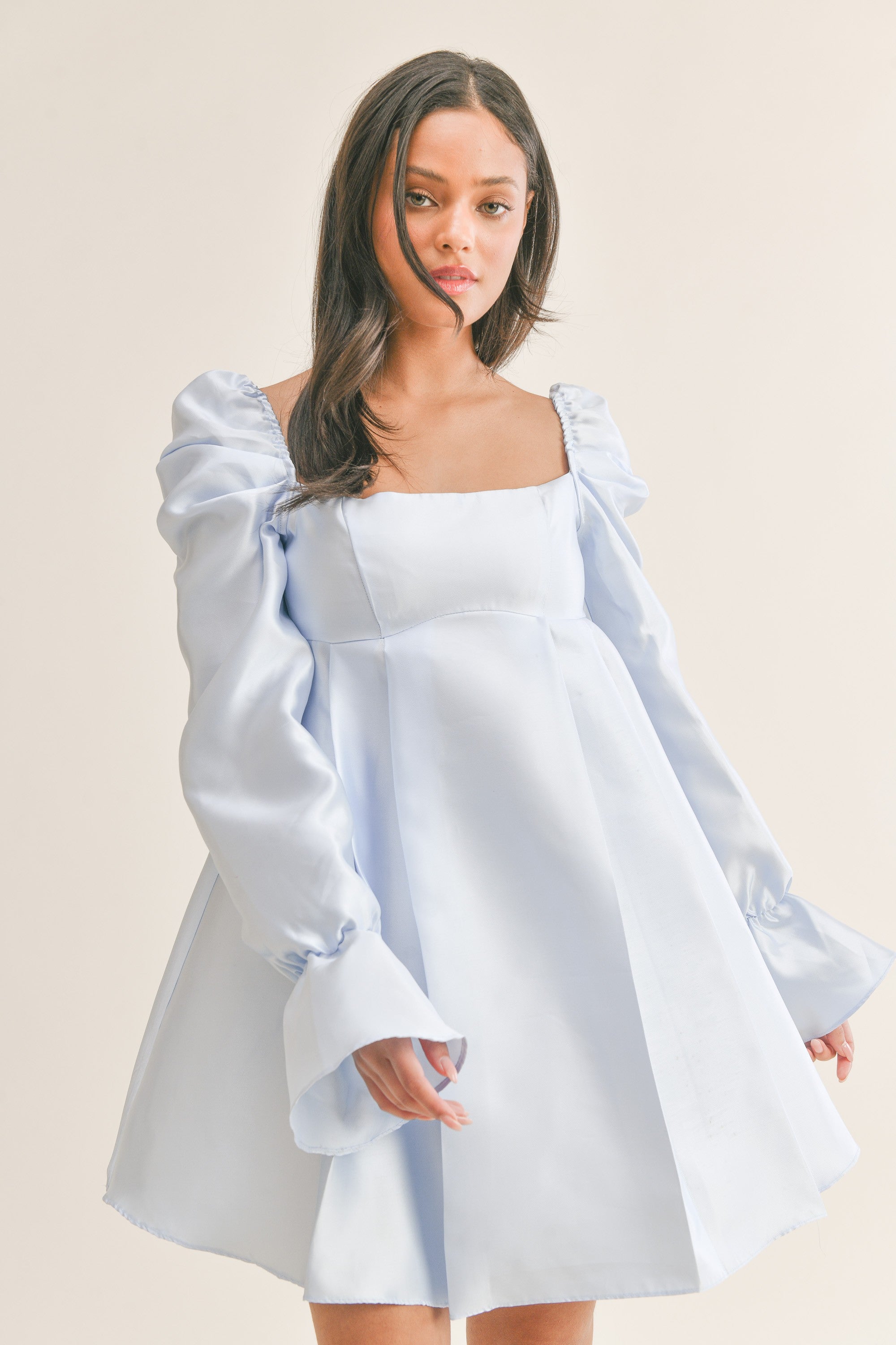 Babydoll Dress With Long Bell Puff Sleeves And Bow – Plush Clothing Babydoll Dress With Long Bell Puff Sleeves And Bow – Plush Clothing