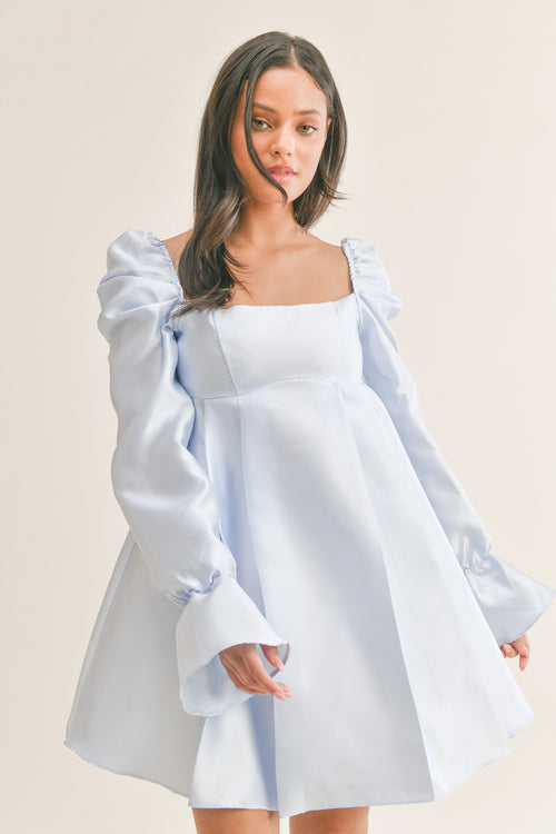 Babydoll Dress With Long Bell Puff Sleeves And Bow