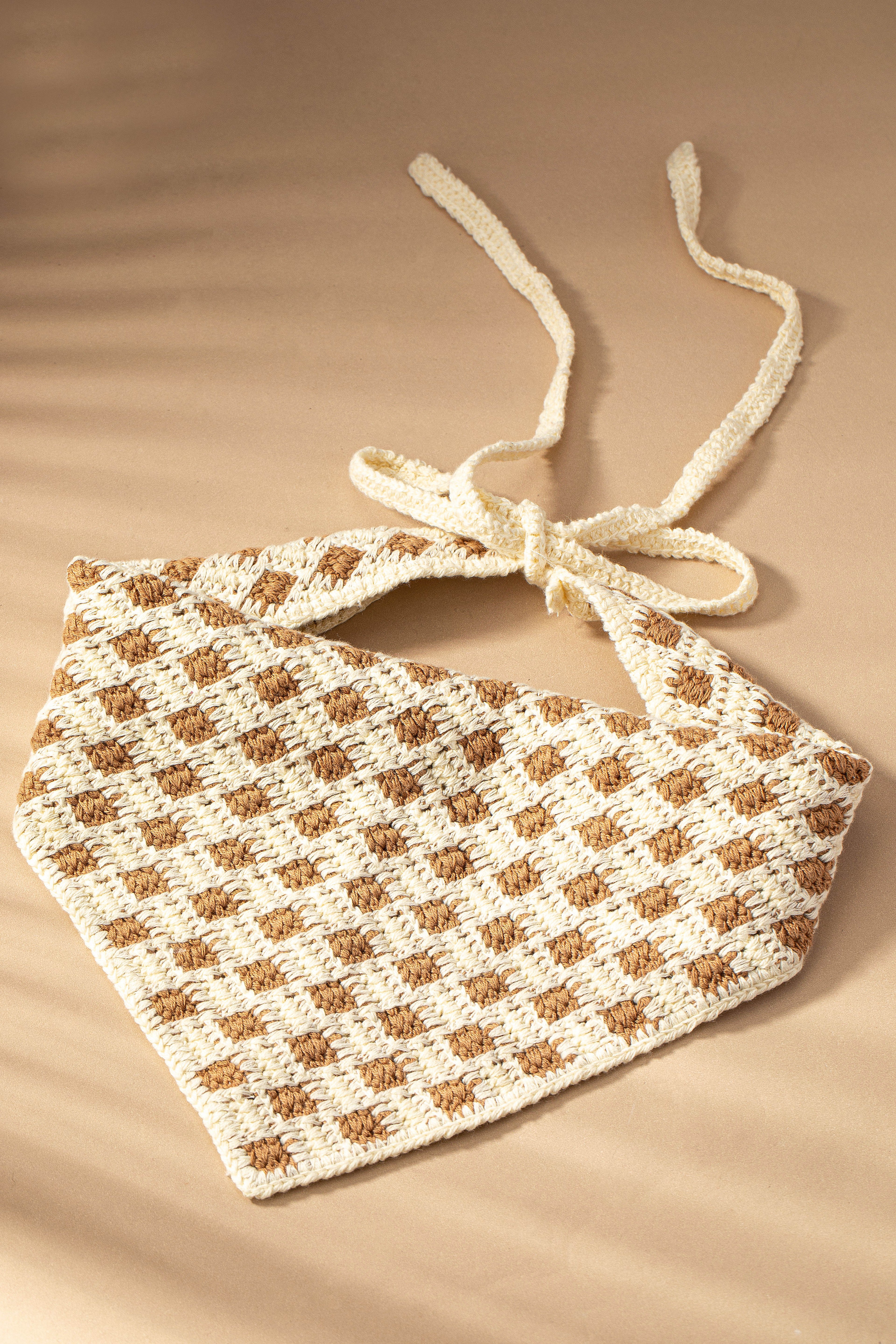 Brown Checkered Crochet Headscarf Bandana