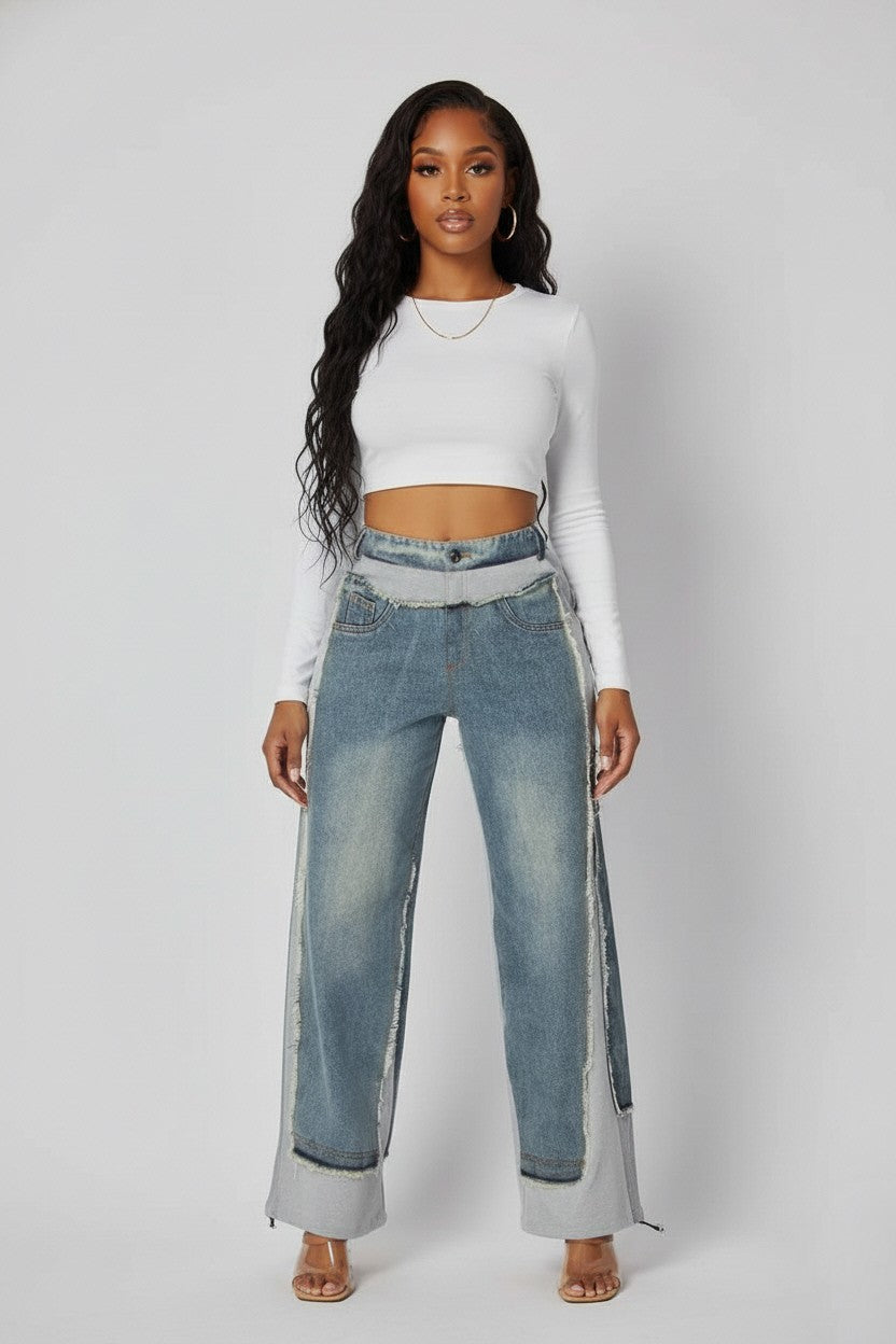 Denim Contrast Wide Leg Pants