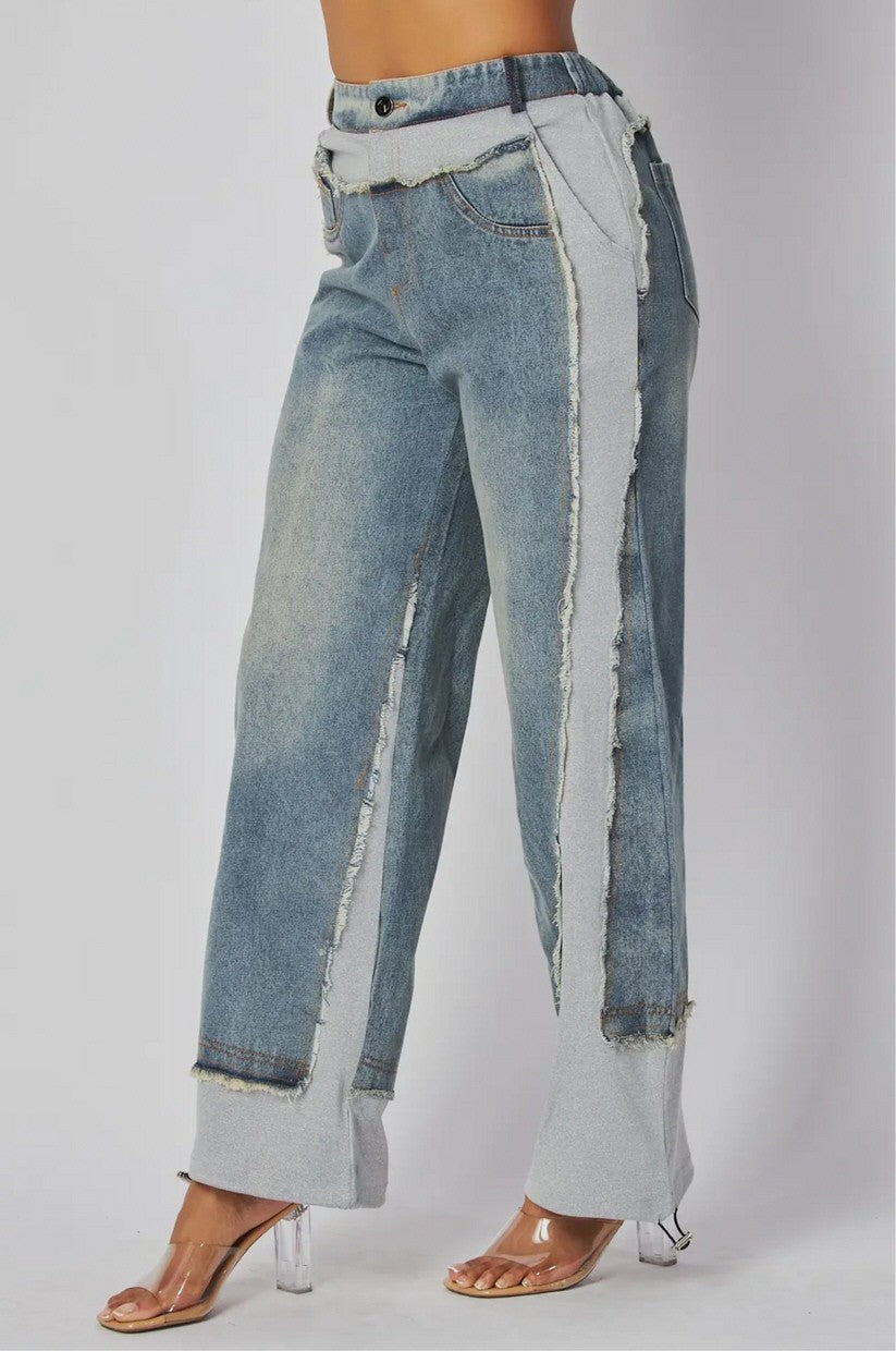 Denim Contrast Wide Leg Pants