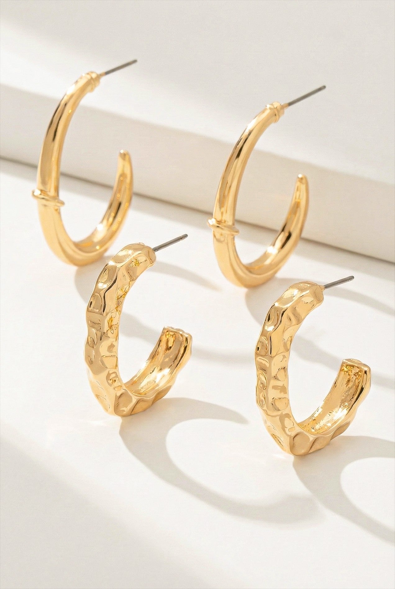 2 Pair Of Medium Texture Gold Hoop Earrings Set